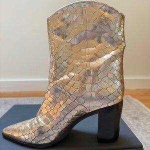 Schutz Soft Gold Western-Style Mid-Calf Boots – Croc-Embossed Leather